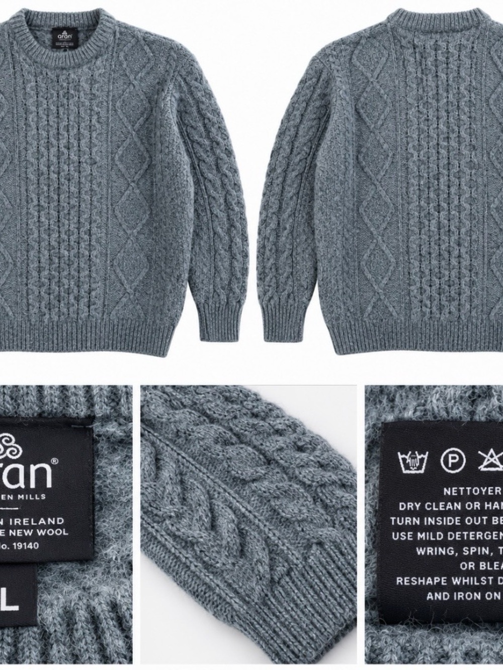Aran Woollen Mills 100% Wool Irish Cable Knit Sweater L Gray/Blue